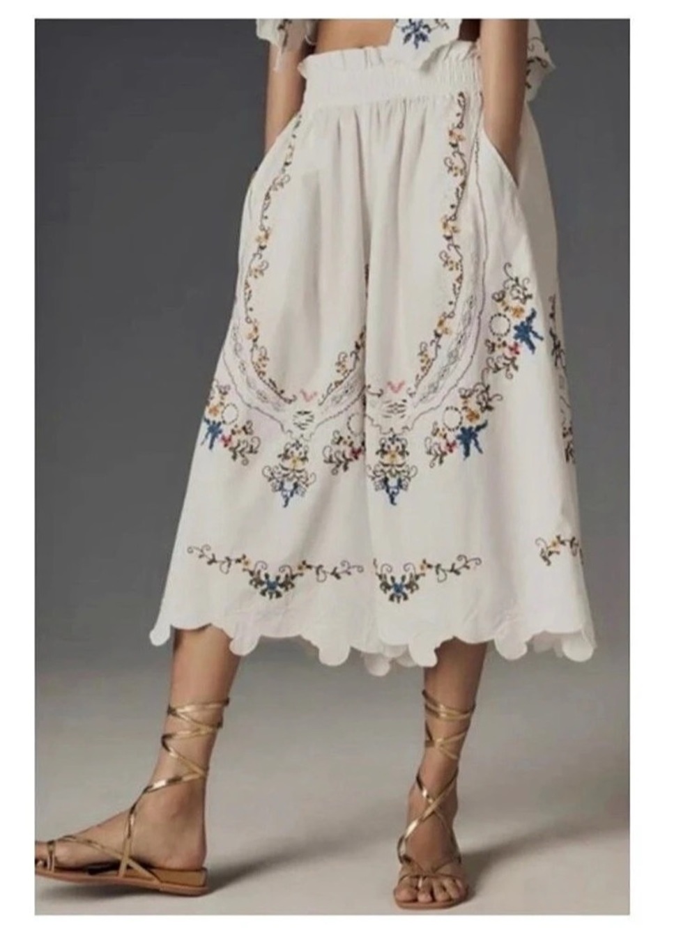 by Anthropologie White Embroidered Cotton Culottes with Pockets